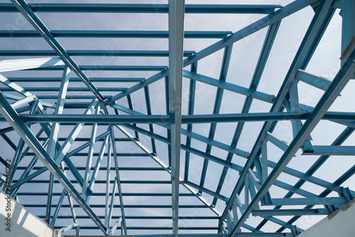 Structure of steel roof frame for building construction.