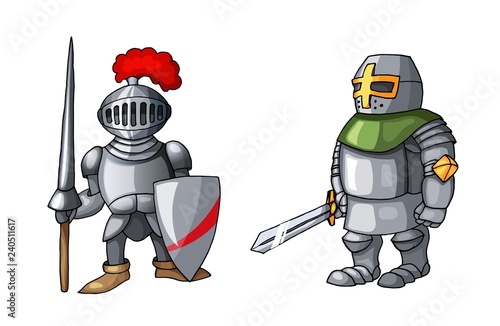 Cartoon medieval knight with shield and sword, isolated on white background