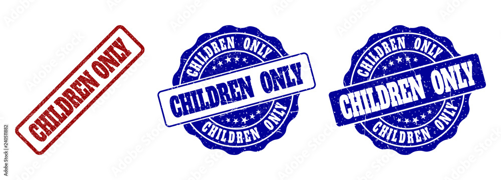 CHILDREN ONLY grunge stamp seals in red and blue colors. Vector CHILDREN ONLY marks with dirty texture. Graphic elements are rounded rectangles, rosettes, circles and text labels.