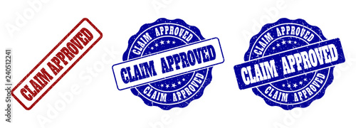 CLAIM APPROVED scratched stamp seals in red and blue colors. Vector CLAIM APPROVED signs with draft surface. Graphic elements are rounded rectangles, rosettes, circles and text titles.