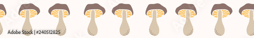Cartoon cep mushroom doodle border. Hand drawn vector illustration of edible food fungi . Seamless repeat edging banner.