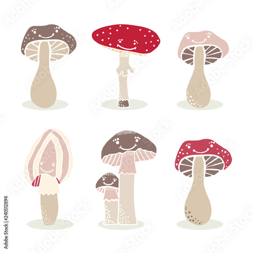 Cartoon mushroom fungi illustration elements set.  Hand drawn vector drawing of poisionous toadstool fungi, edible cep and morel. Magical fairy style.