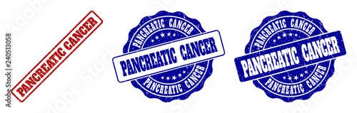 PANCREATIC CANCER grunge stamp seals in red and blue colors. Vector PANCREATIC CANCER labels with draft texture. Graphic elements are rounded rectangles, rosettes, circles and text labels.