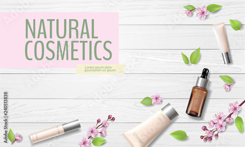 Spring sale cherry blossom organic cosmetic ad template. Skincare essence pink spring promo offer flower 3D realistic mockup. Sakura wooden plank background flat lay silver vector illustration