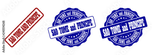 SAO TOME AND PRINCIPE grunge stamp seals in red and blue colors. Vector SAO TOME AND PRINCIPE labels with grunge texture. Graphic elements are rounded rectangles, rosettes, circles and text tags.