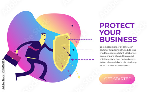 Flat design illustration for presentation, web, landing page: a man with a shield protects from attack.