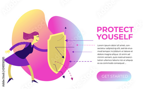 Flat design illustration for presentation, web, landing page: woman with a shield protects from attack.