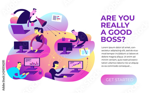 Flat design illustration for presentation, web, landing page: office life, employees and strict boss.