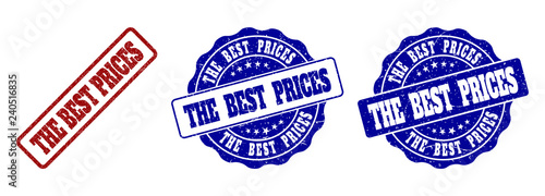 THE BEST PRICES grunge stamp seals in red and blue colors. Vector THE BEST PRICES signs with grunge effect. Graphic elements are rounded rectangles, rosettes, circles and text tags.