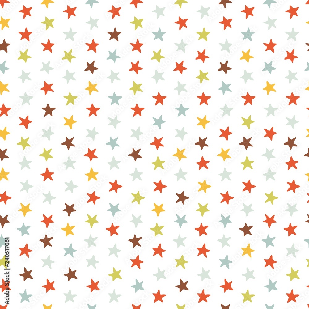 Seamless vector pattern with colored stars of equal size on white background. Childish background for postcards, wallpaper, papers, textiles, bed linen, tissue 1.1
