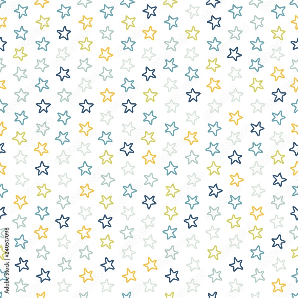 Seamless vector pattern with contour colored stars of equal size on white background. Childish background for postcards, wallpaper, papers, textiles, bed linen, tissue 2.1