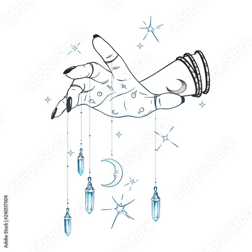 Female hand with gem pendants and moon hand drawn vector illustration. Boho chic astrology tattoo, poster, tapestry or altar veil print design.