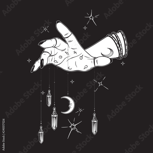 Female hand with gem pendants and moon hand drawn vector illustration. Boho chic astrology tattoo, poster, tapestry or altar veil print design.