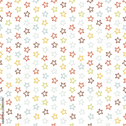 Seamless vector pattern with contour colored stars of equal size on white background. Childish background for postcards, wallpaper, papers, textiles, bed linen, tissue 1.1