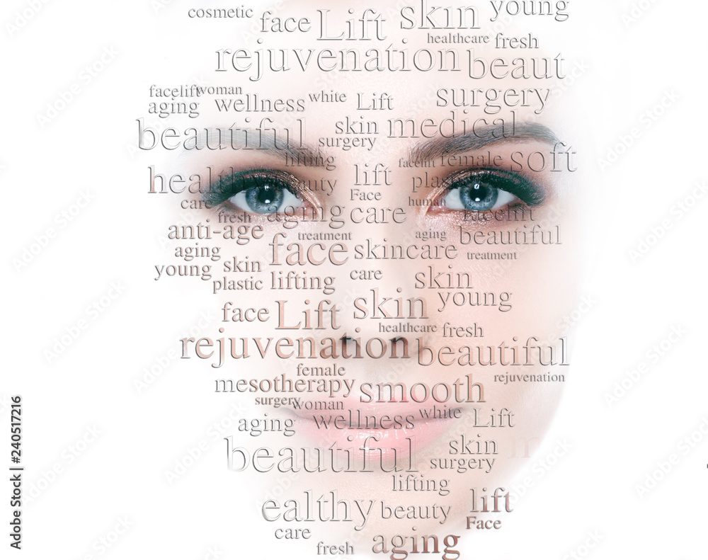 Lifting skin and rejuvenation skin and cosmetology on female face - obrazy, fototapety, plakaty 