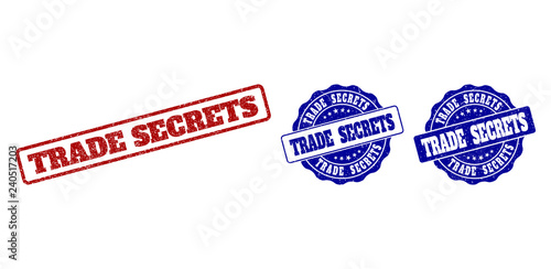 TRADE SECRETS grunge stamp seals in red and blue colors. Vector TRADE SECRETS labels with grunge effect. Graphic elements are rounded rectangles, rosettes, circles and text captions.