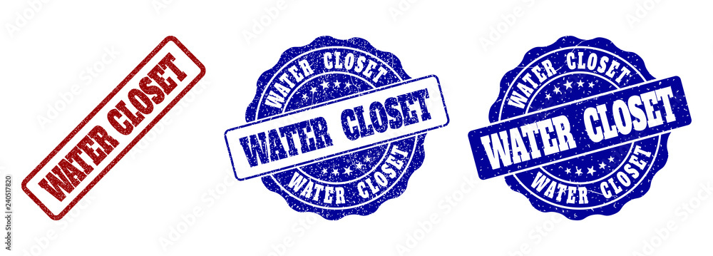 WATER CLOSET grunge stamp seals in red and blue colors. Vector WATER CLOSET overlays with grunge style. Graphic elements are rounded rectangles, rosettes, circles and text captions.