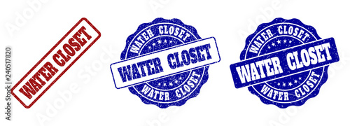 WATER CLOSET grunge stamp seals in red and blue colors. Vector WATER CLOSET overlays with grunge style. Graphic elements are rounded rectangles, rosettes, circles and text captions.