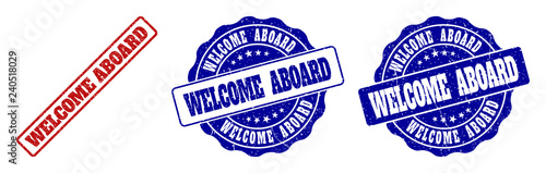 WELCOME ABOARD scratched stamp seals in red and blue colors. Vector WELCOME ABOARD labels with scratced style. Graphic elements are rounded rectangles, rosettes, circles and text labels.