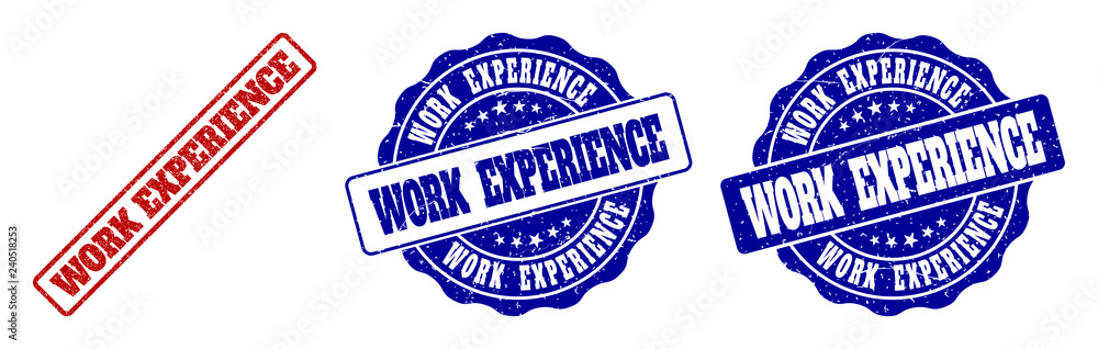 Obraz premium WORK EXPERIENCE grunge stamp seals in red and blue colors. Vector WORK EXPERIENCE labels with grainy style. Graphic elements are rounded rectangles, rosettes, circles and text labels.