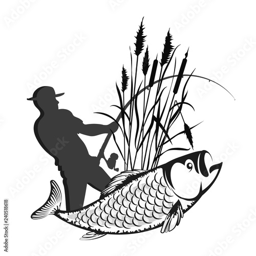 Fisherman with a fishing rod in the reeds and fish silhouette