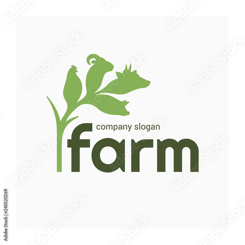 Farm logo with animals. Label for agricultural animals, natural farm products. Green logotype isolated on white background. Vector illustration of cow, pig, ram, chicken