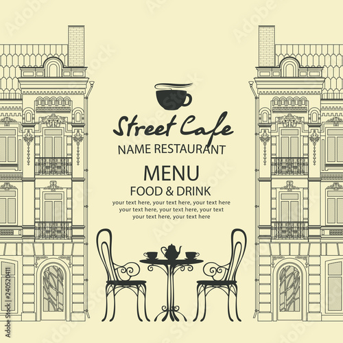 Vector menu for sidewalk street cafe with table and chairs on the background of old european town with place for text in retro style