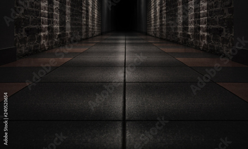 Background of an empty corridor with brick walls and concrete floor. Spotlight  smoke  neon light