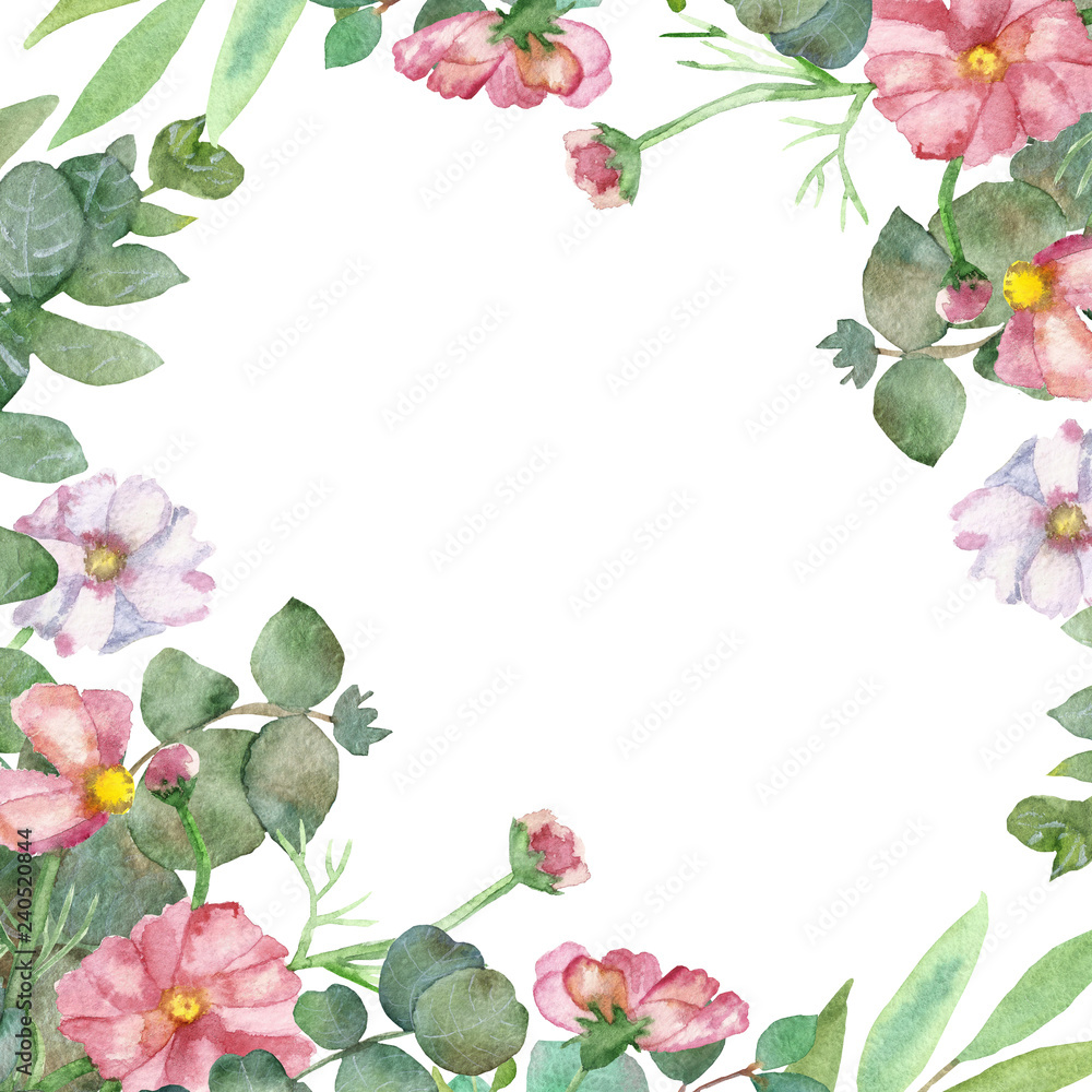Luxurious watercolor frame of branches and leaves of blooming fresh eucalyptus and pink daisies, with delicate petals. Luxurious watercolor frame of branches and leaves of blooming fresh eucalyptus and pink daisies, with delicate petals.