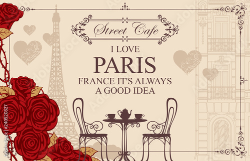 Vector menu for Parisian street cafe with view of the Eiffel Tower and old buildings, with table and chairs. Romantic vector illustration with words I love Paris, red roses and hearts in retro style