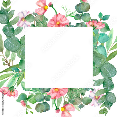 Luxury watercolor frame of branches and leaves of blooming fresh eucalyptus and pink daisies, with delicate petals on a white background. Lovely hand painted for great design, with love!