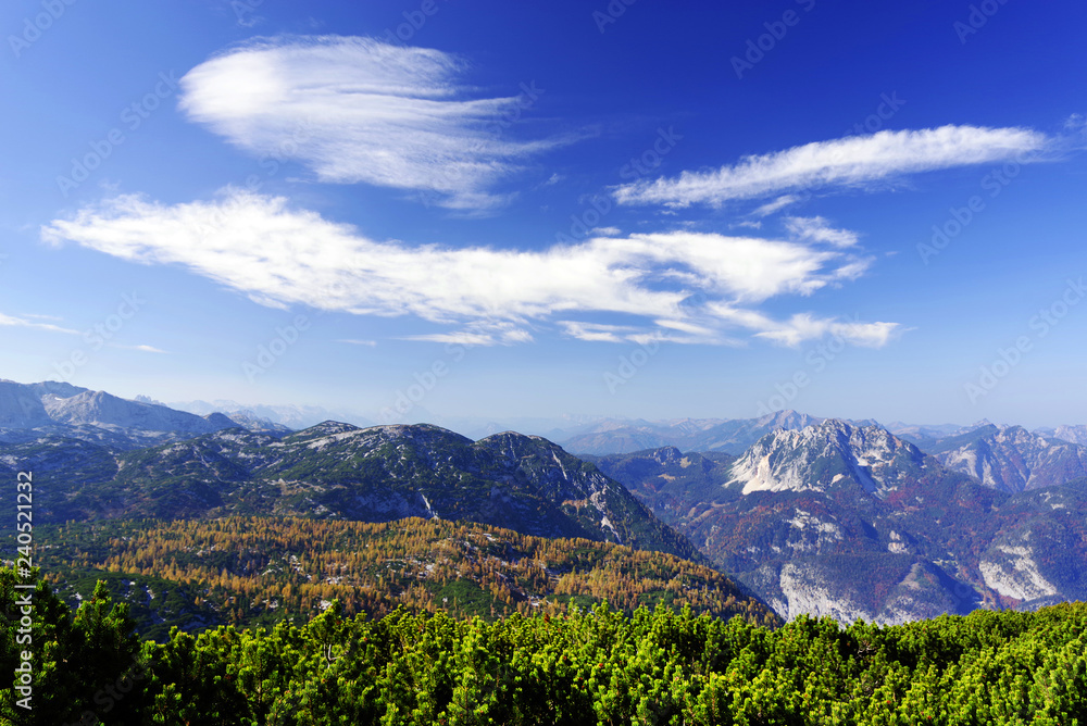 Scenic autumn landscape of the Austrian Alps from the Krippenstein of the Dachstein Mountains range in Obertraun, Austria, Europe