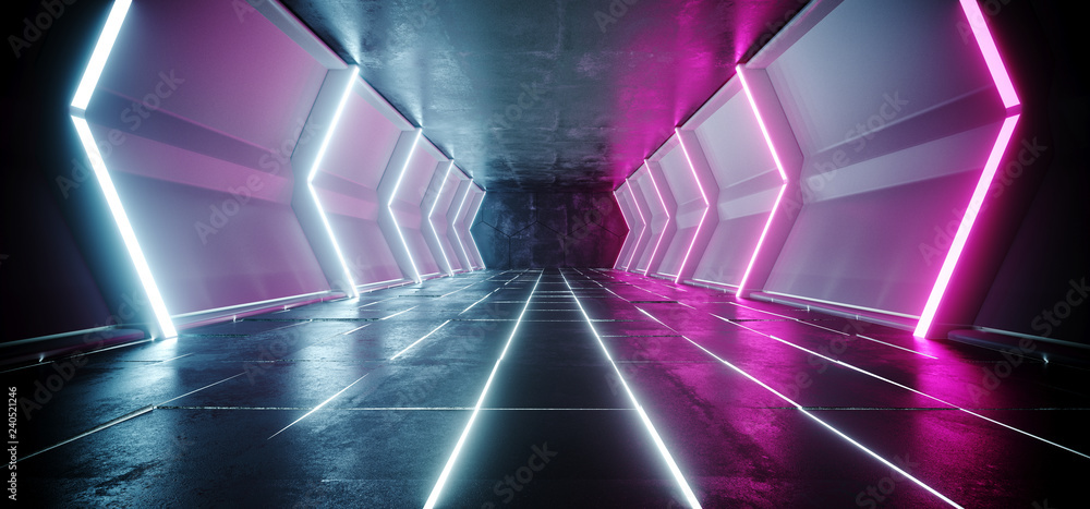 Neon Glowing Lines Sci Fi Futuristic Dark Alien Ship Space Tunnel Corridor With Concrete White Glowing Floor Empty Space For Text Technology Modern Background 3D Rendering