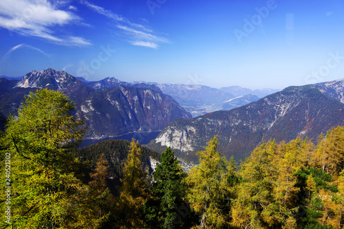 Scenic autumn landscape of the Austrian Alps from the Krippenstein of the Dachstein Mountains range in Obertraun, Austria, Europe