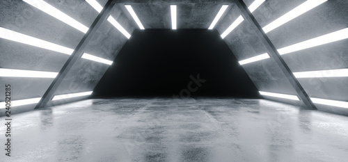 Futuristic Alien Ship Sci Fi Modern Hi Tech Grunge Concrete Reflective Texture Corridor Tunnel Empty Dark Space And White Glowing Led Bright Lights Background 3D Rendering