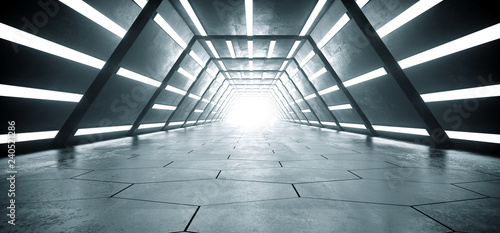 Sci Fi Modern Futuristic Empty Bright Alien Ship Grunge Reflective Concrete Hexagonal Floor Tunnel Corridor With White Glowing Led Stripes Background Technology 3D Rendering