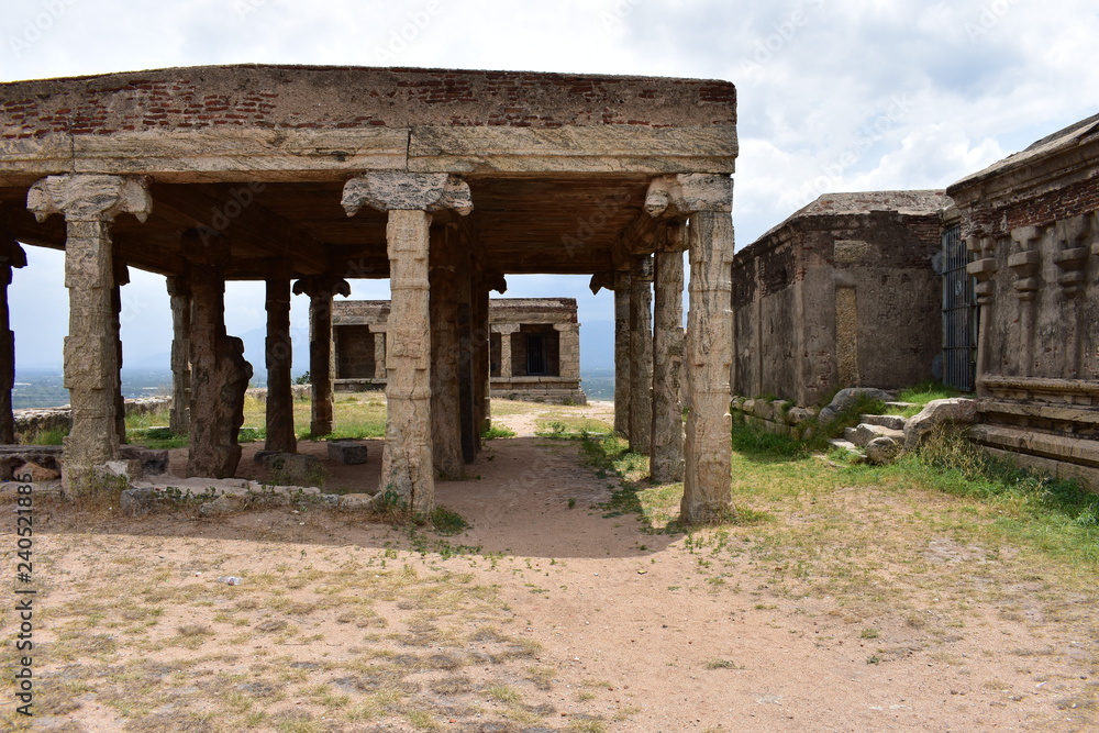 Dindigul, Tamilnadu, India - July 13, 2018: Rock fort and temple