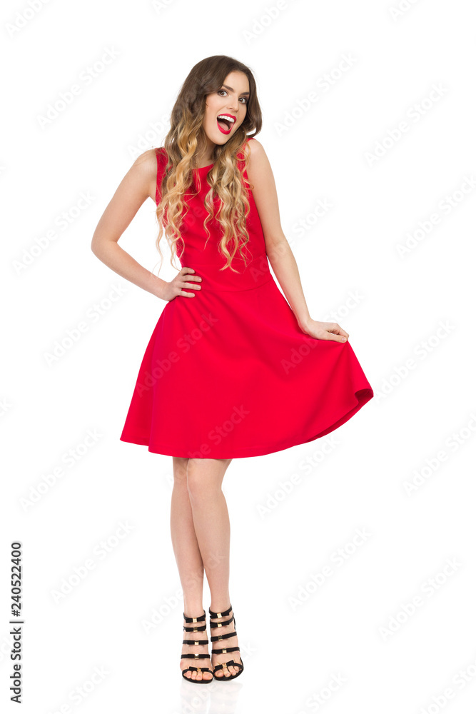 Happy Beautiful Young In Red Dress Is Shouting