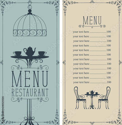 Vector menu for restaurant or cafe with a price list and a table for two, chairs and tea in a figured frame with curls in the art Deco style