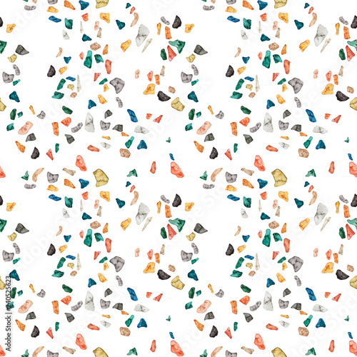 Fototapeta Naklejka Na Ścianę i Meble -  Granite, Terrazzo & Tile. Terrazzo seamless pattern. Vibrant colors. Textured shapes. Granite textured shapes in vibran. Hand drawn Patterns. Colorful hand drawn design for textiles, dishes, surface.