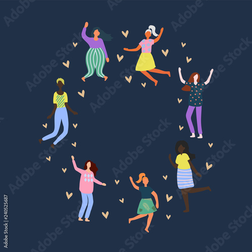 Frame with multiracial women of different figure type and size dressed in comfort wear. Female cartoon characters with hearts. Body positive movement and beauty diversity. Vector illustration
