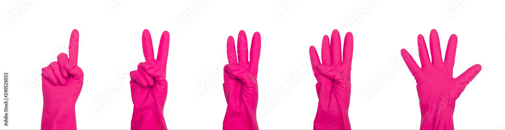 Obraz premium Signs made of pink protective gloves. Fingers symbol one two three four five. Isolated on white. The concept of cleanliness and order.