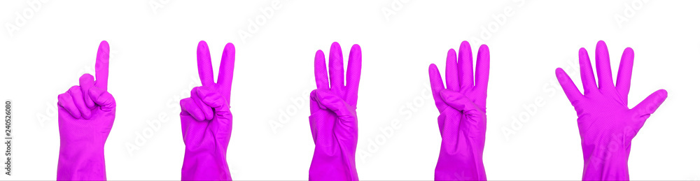 Signs made of magenta protective gloves. Fingers symbol one two three four five. Isolated on white. The concept of cleanliness and order. Signs made of magenta protective gloves. Fingers symbol one two three four five. Isolated on white. The concept of cleanliness and order.