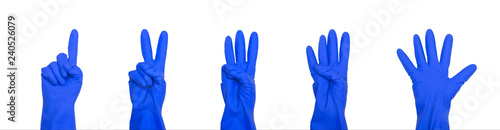 Signs made of blue protective gloves. Fingers symbol one two three four five. Isolated on white. The concept of cleanliness and order.