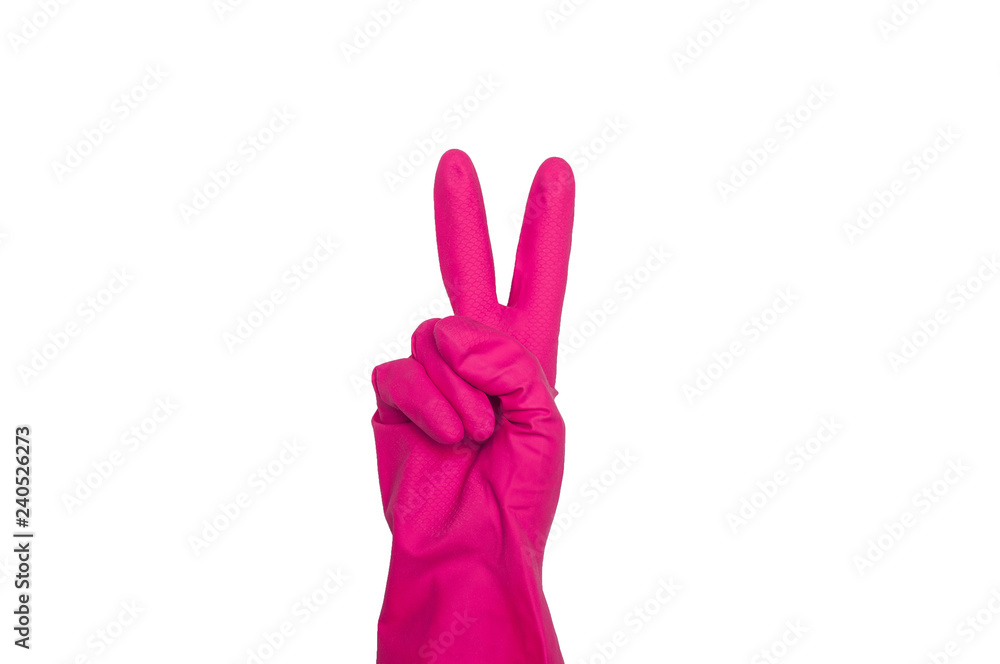 Signs made of pink protective gloves. Fingers symbol two. Isolated on white. The concept of cleanliness and order.