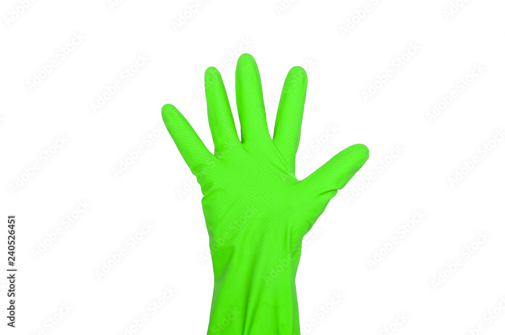 Obraz premium Signs made of green protective gloves. Fingers symbol five. Isolated on white. The concept of cleanliness and order.