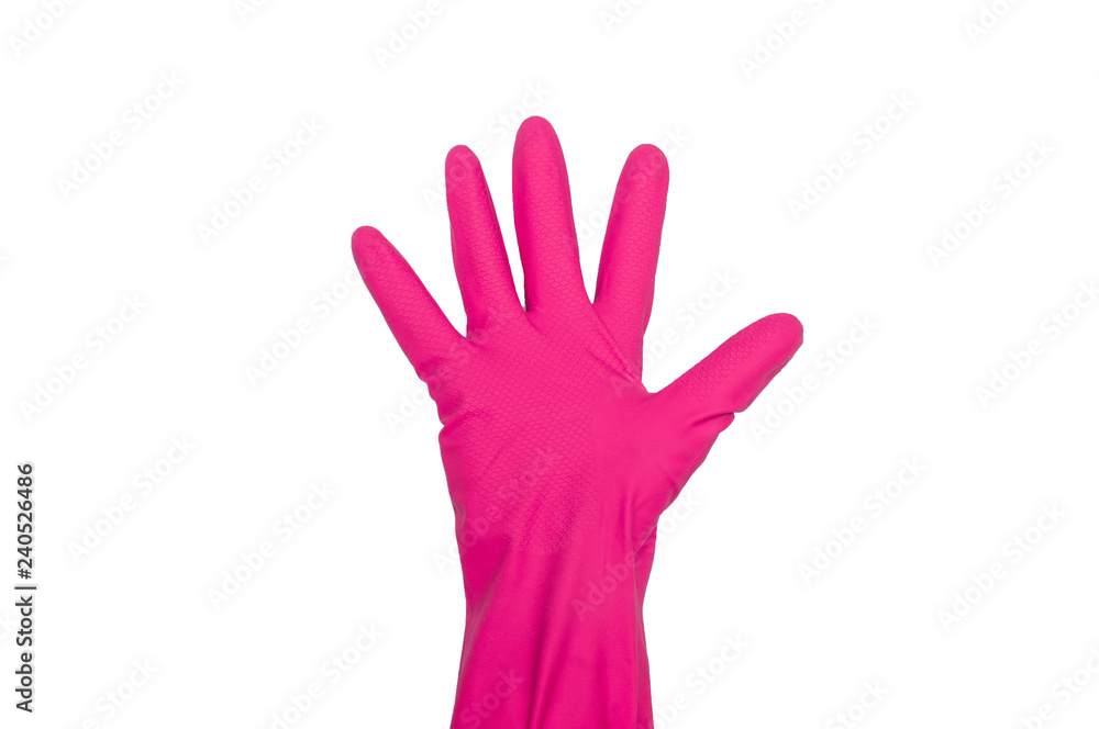 Signs made of pink protective gloves. Fingers symbol five. Isolated on white. The concept of cleanliness and order. Signs made of pink protective gloves. Fingers symbol five. Isolated on white. The concept of cleanliness and order.