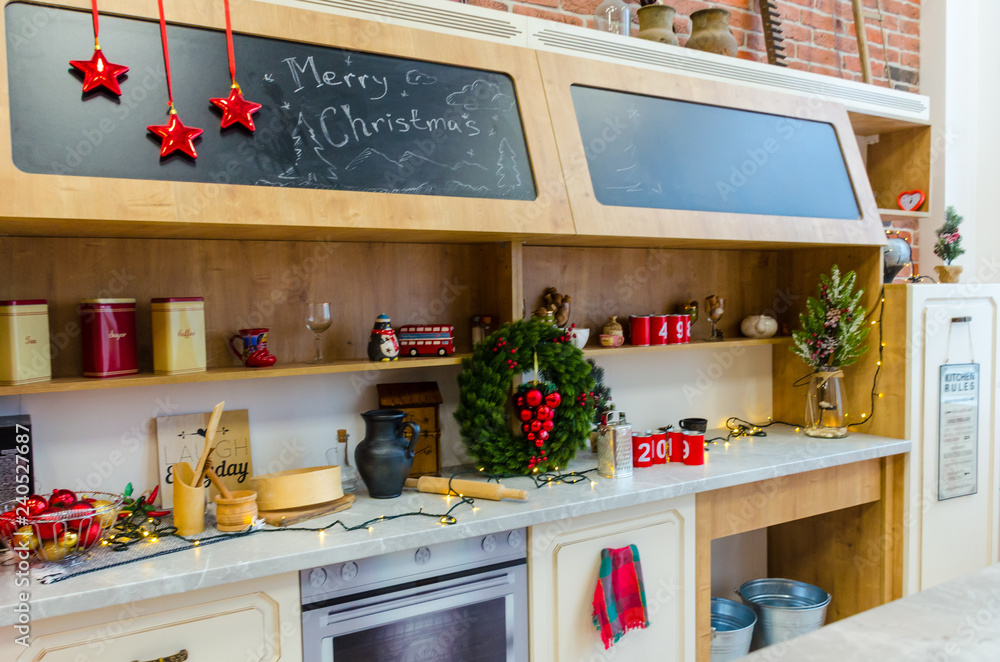 Kitchen design with new year decorations