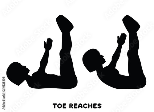 Toe reaches. Crunches. Double crunch. Sport exersice. Silhouettes of woman doing exercise. Workout, training.