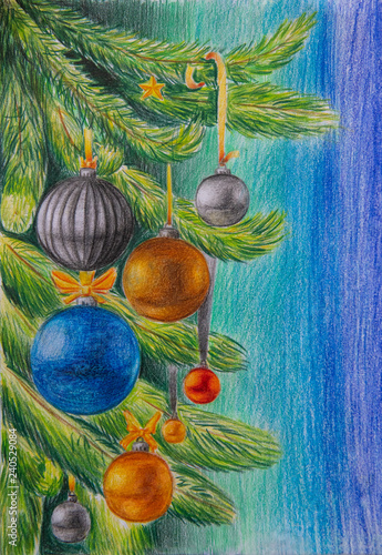 Christmas tree with toys freehand drawing in pencil